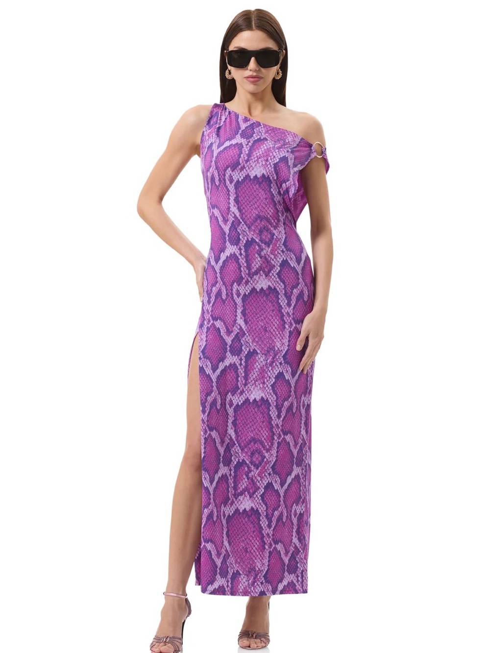 AFRM Saffron One-Shoulder Purple Cactus Snake-Print Maxi Dress